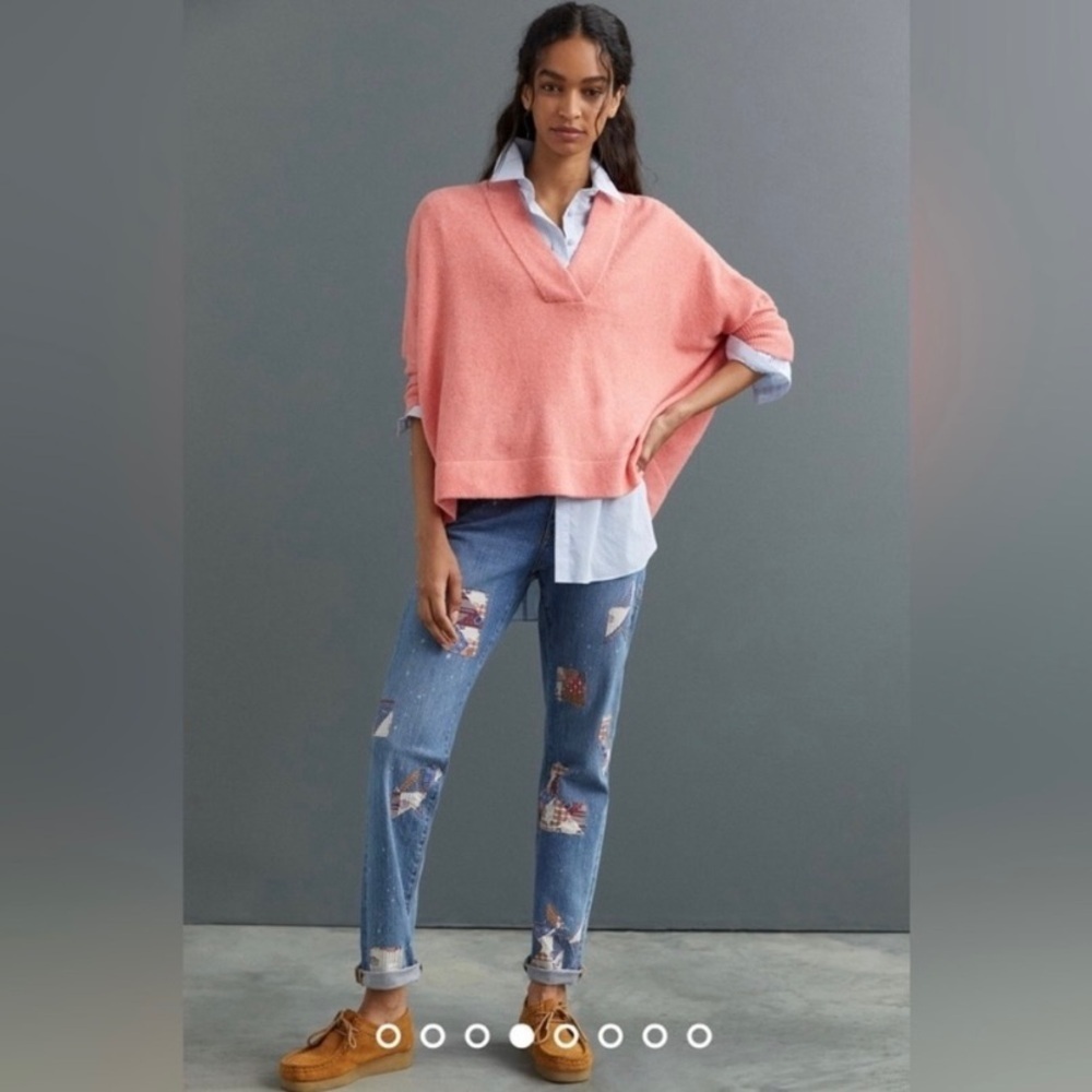 Anthropologie Coral Knit V-Neck Oversized Fuzzy Sweater